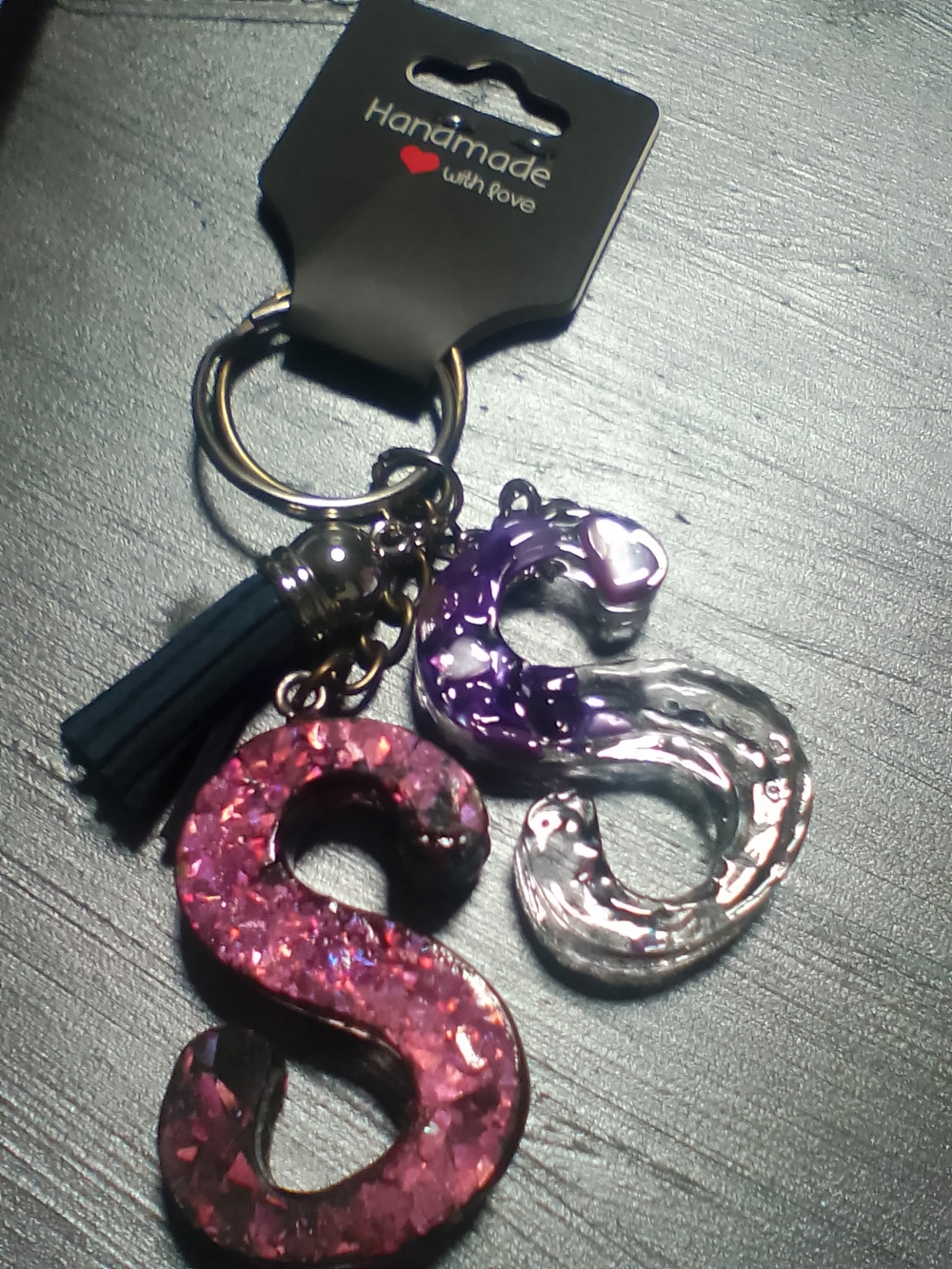 Handmade 'S' Initial Keychain Tassel - Pink & Purple